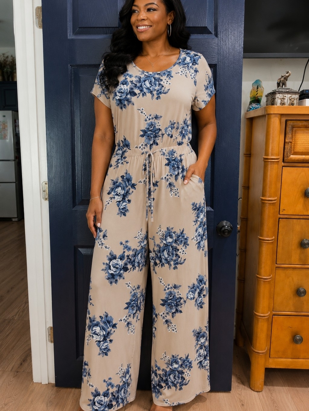 Beige Floral Wide-Leg Jumpsuit with Blue Print